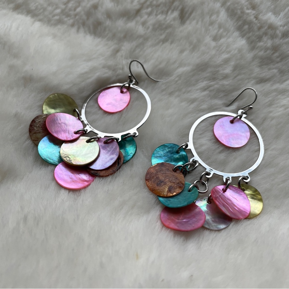 Colorful, Shimmery, Funky Shell Dangle Earrings with Silver Hoops